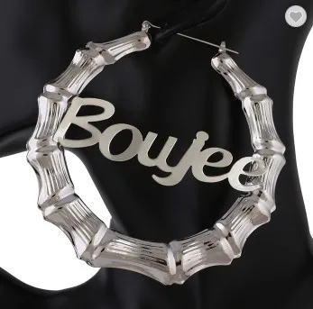 Hot Selling Personalized Letter Melanin 18k Gold Plated 9CM Huggie Bamboo Name Hoop Earrings Custom huge Bamboo Earrings