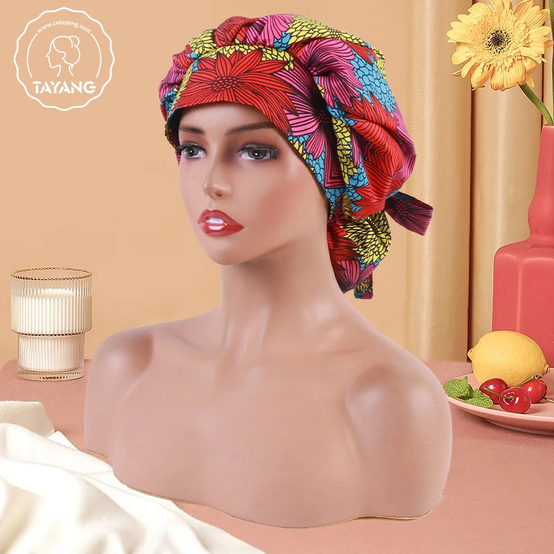 New Design Cotton Tropical Leaves Print double Layer Satin Lined Medical Surgical Cap With Long Thin Strip