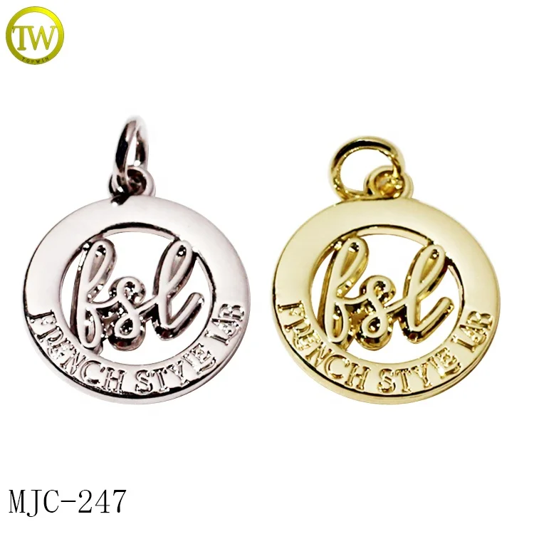 Custom round shape letter metal jewelry tags bracelet accessory gold logo metal hang pendant charms for bangle