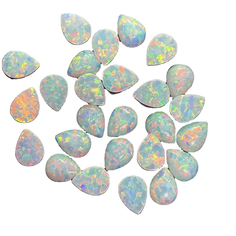 Flat Base Pear Shape White Synthetic Fire Opal Cabochon Gemstone for Earring Jewelry