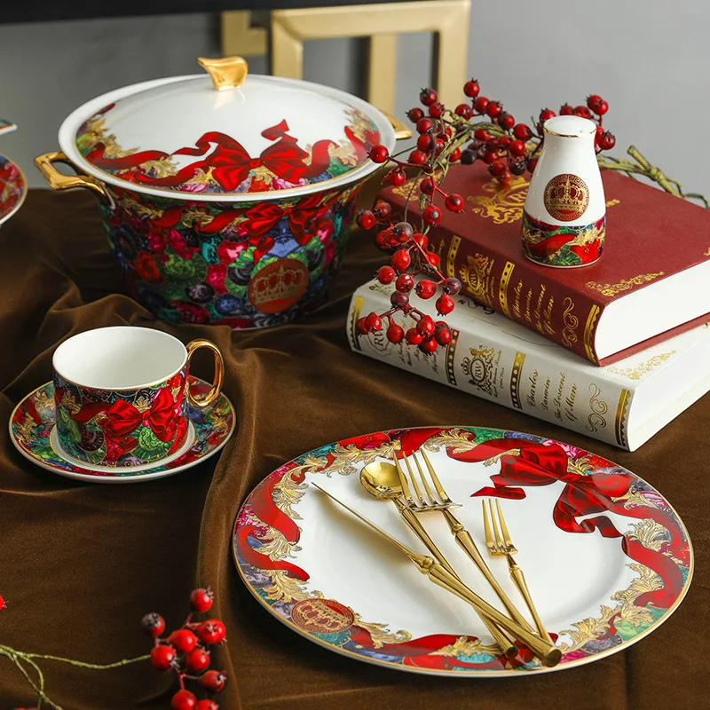 Red christmas bone china 61pcs dinnerware set holiday gift set porcelain tableware dinner set
