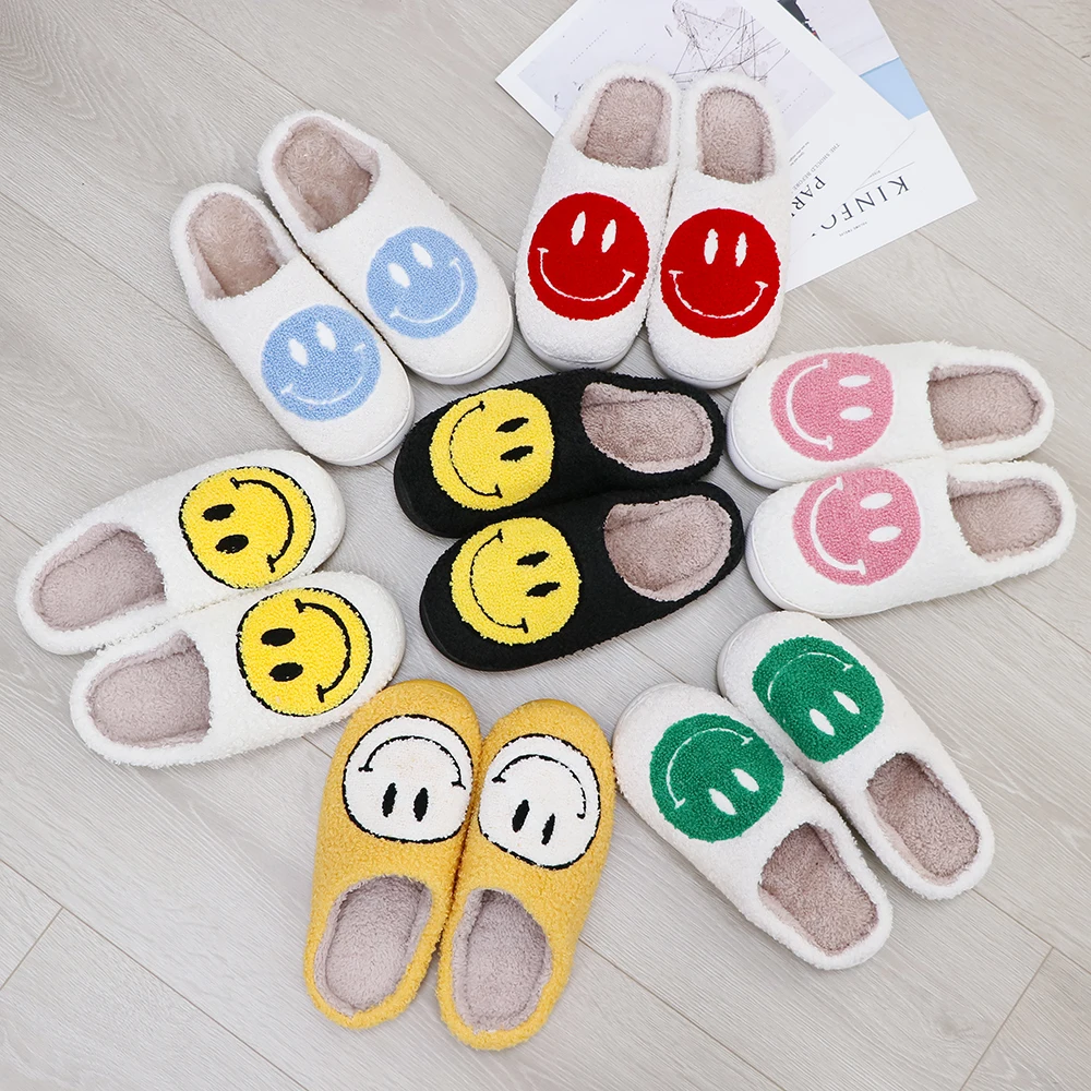 Custom Logo Wholesale Factory Price Women Smile Shoes Home Cozy Warm Plush House Happy Smiley Face Slippers For Ladies