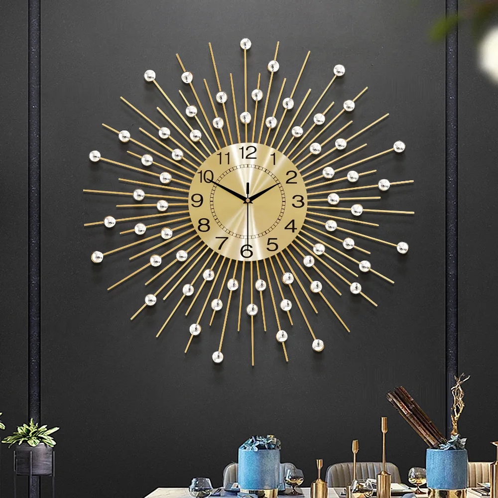 Hot European creative simple Golden Metal clock iron decorative living room wall acrylic pearl for