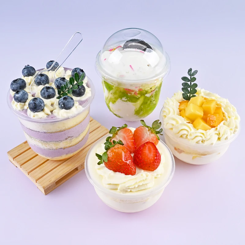 Custom disposable plastic dessert cup yogurt fruit ice cream cup tiramisu container packaging snow cone cake cup with dome lid