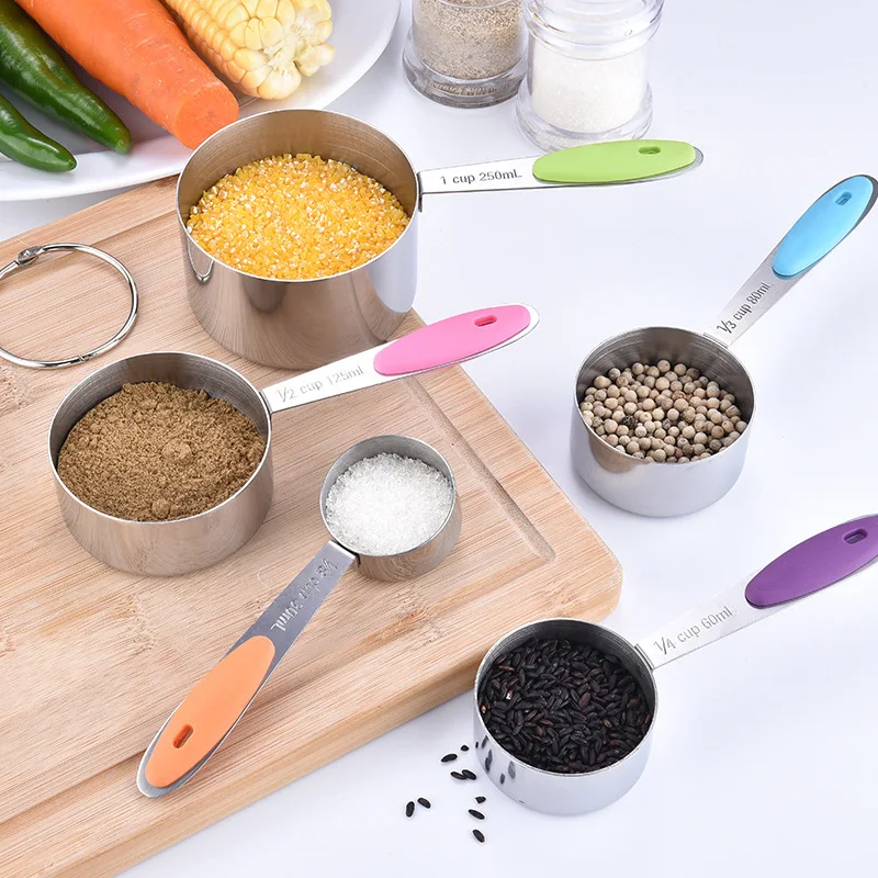 Hot Selling 10 Sets of Stainless Steel Measuring Cups Spoons 5ml-30ml Capacity with Colorful Silicone Handle for Baking Liquids