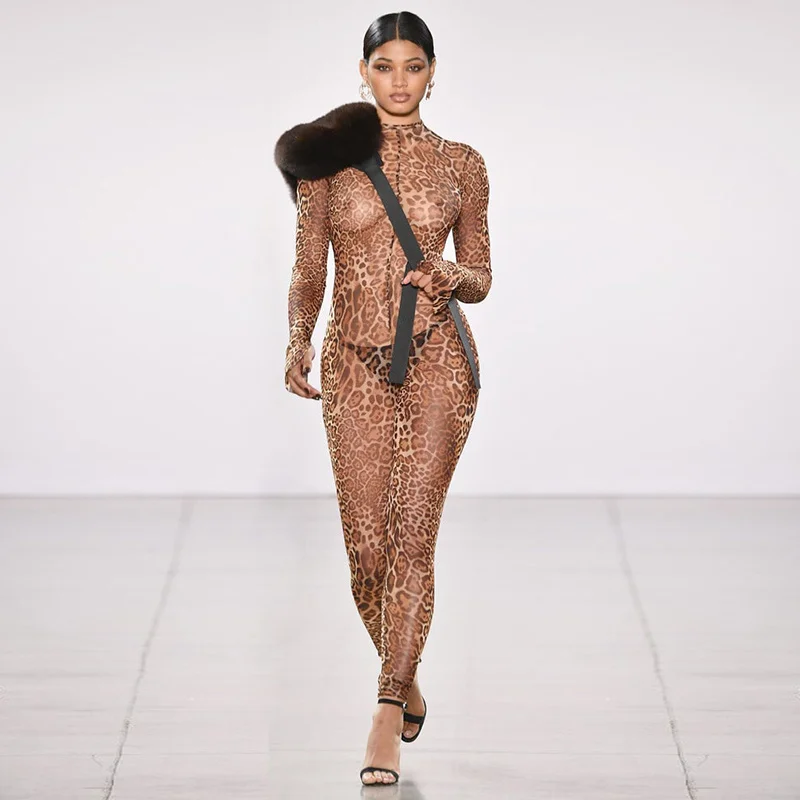 
A4367 Hot Sale O Neck See Through Mesh Leopard Long Sleeve Women Fashion Jumpsuit 