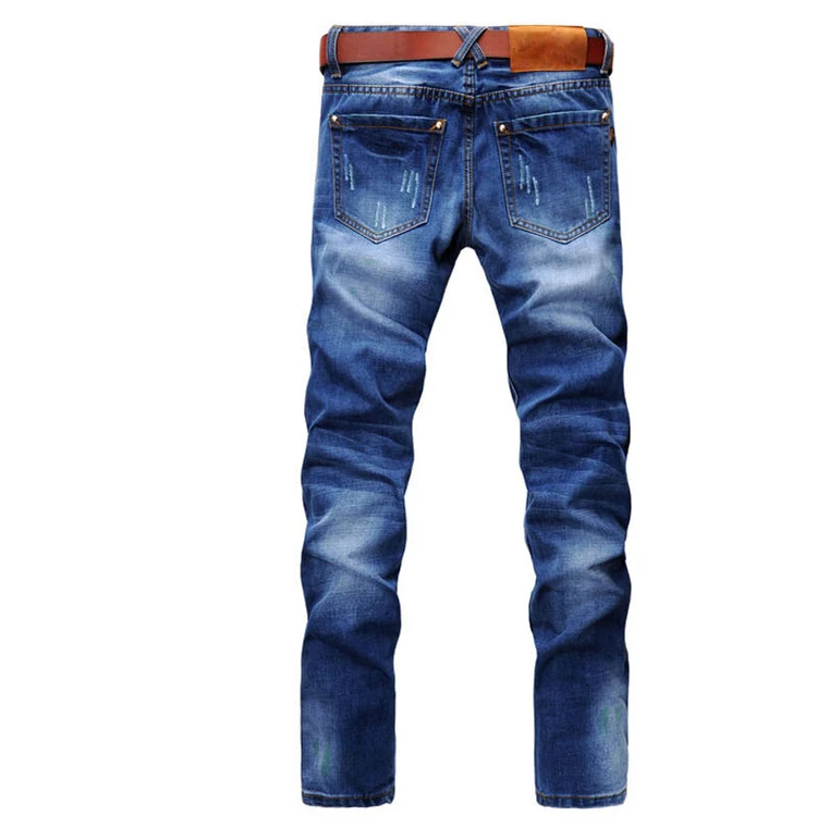 
New Design Wholesale Perforated Casual Versatile Skinny Ripped Straight Leg Classic Blue Jeans Male Denim Pants Men Trousers 