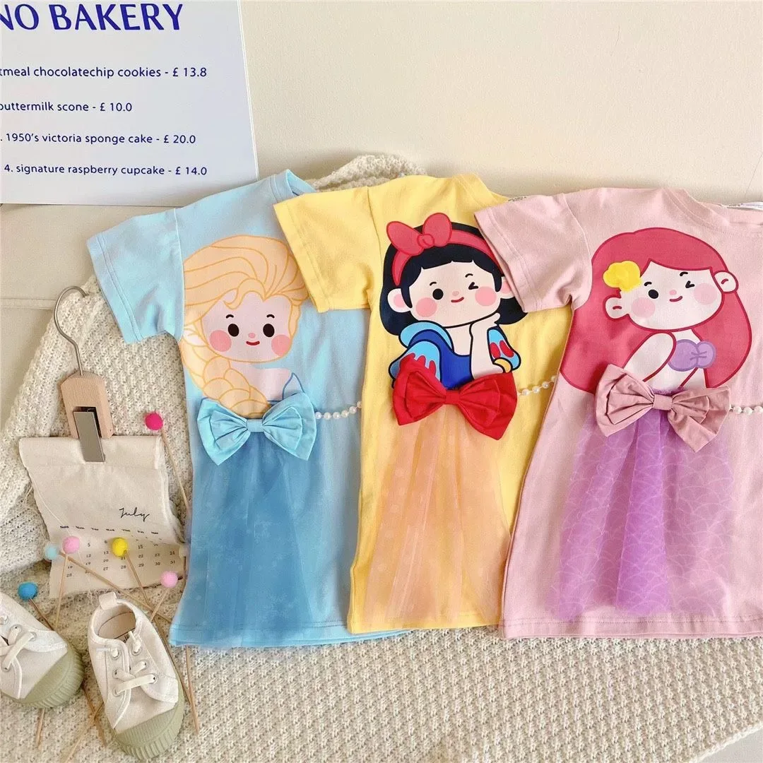 Princess Dress Little Girl Summer Short Sleeve Cute cartoon T-shirt skirt Baby casual long skirt bow style pearl gauze skirt