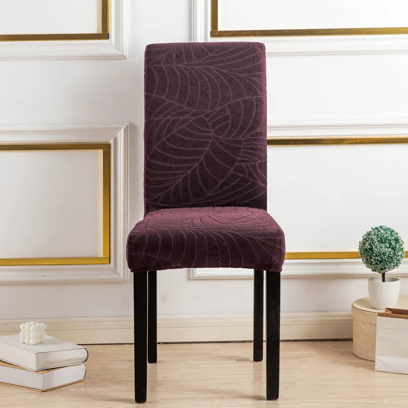 Custom Modern Pure Color Leaf Pattern Jacquard Elastic Spandex Chair Cover Banquet Hotel Dining Chair Protector Cover