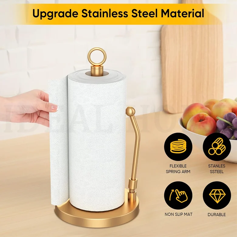 Gold Stainless Steel Paper Towel Holder with Weighted Base Non Slip and Spring Arm