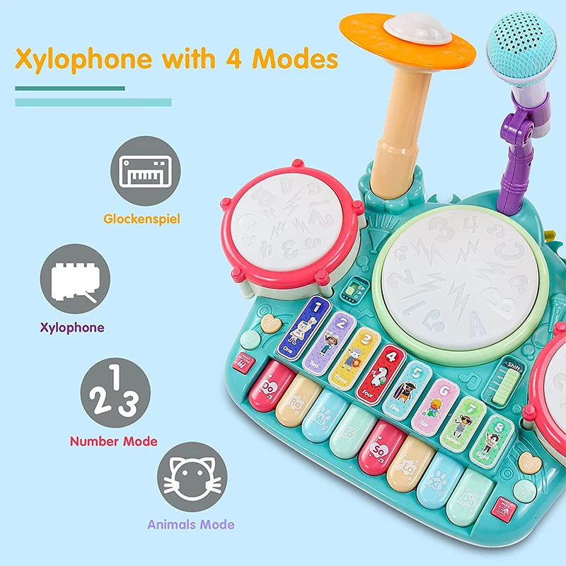 Electronic Baby Musical Toys 3 in 1 Piano Keyboard Xylophone Drum Set with Microphone