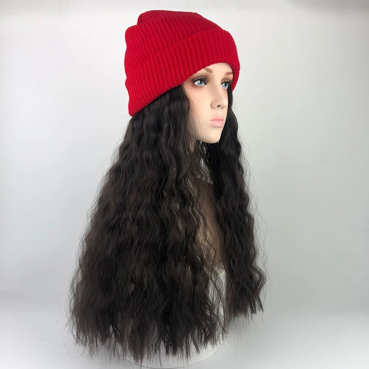 
Fasionable knit hat wig integrated long curly hair large wave full wig synthetic hair wigs 
