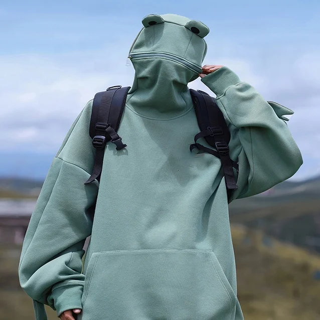 Good quality Custom logo Hoodie Frog Pullover Winter Hooded Casual Sweatshirts Loose thick fleece zip long sleeve men hoodie