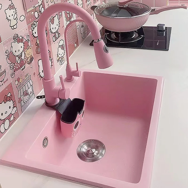 Kitchen Sinks Pink Granite Quartz Kitchen Wash Basin Sink With Cup Washer