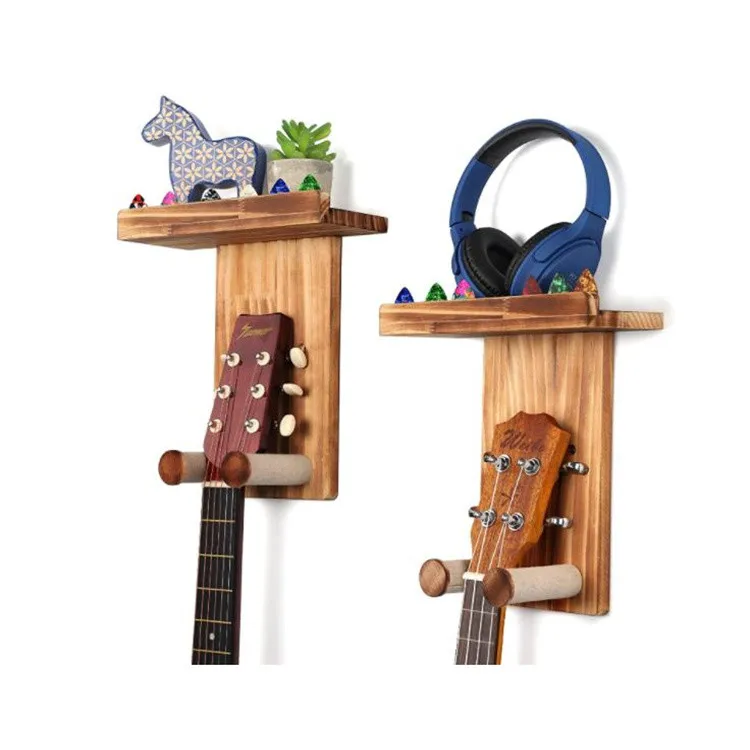 Solid Pine Wood Guitar Rack Wooden Guitar Wall Mount Holder Guitar Wall Hanger Shelf with Pick Holder