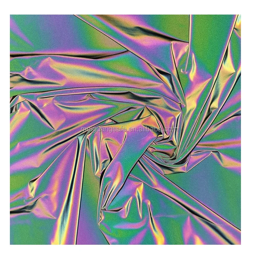 Rainbow Iridescent reflective Print 4-way STRETCH Jersey Fabric High Vis Designer fabric kid safety fabric