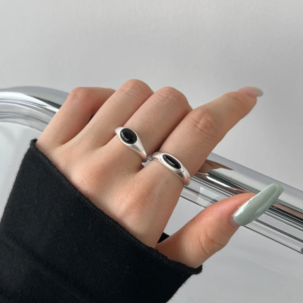 Dylam Simple Design Fashion Fine Women S925 Silver Rhodium Plated Open Adjustable Jewelry Black Onyx White Shell Stone Rings