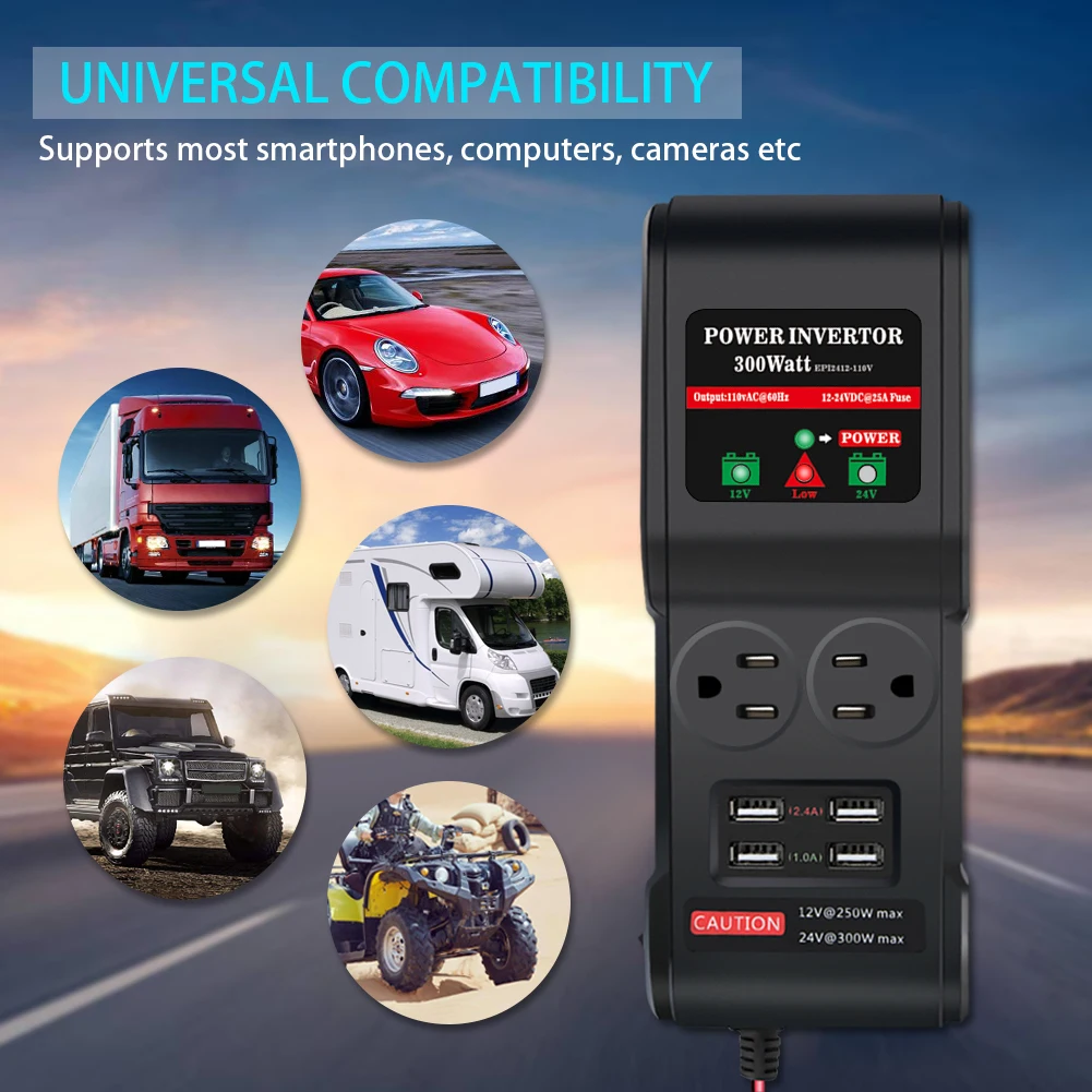 General vehicle dc ac inverter 12V 24V converted to 110V 300W 4USB interface 12V dc ac power inverter