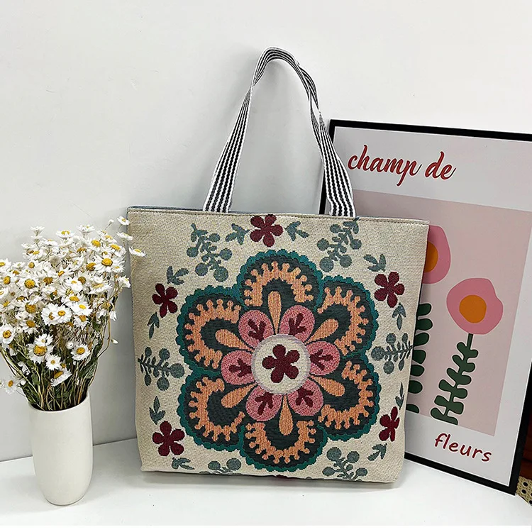 Embroidery retro large capacity large flower pattern canvas shopping tote bags manufacturer