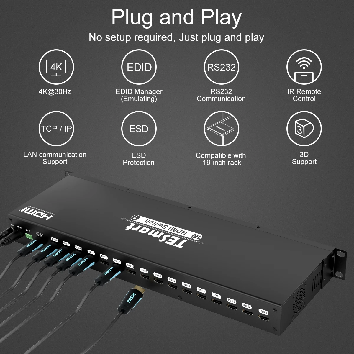 TESmart video switcher  Best selling 16 Port HDMI Switch 4K with remote control 16x1 HDMI switcher