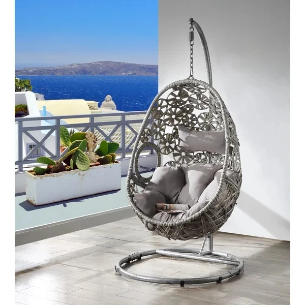 Garden Cane Furniture Metal Rattan Outdoor Patio Balcony Egg Shaped Basket chair Wicker Hanging Swing Chair with Stand