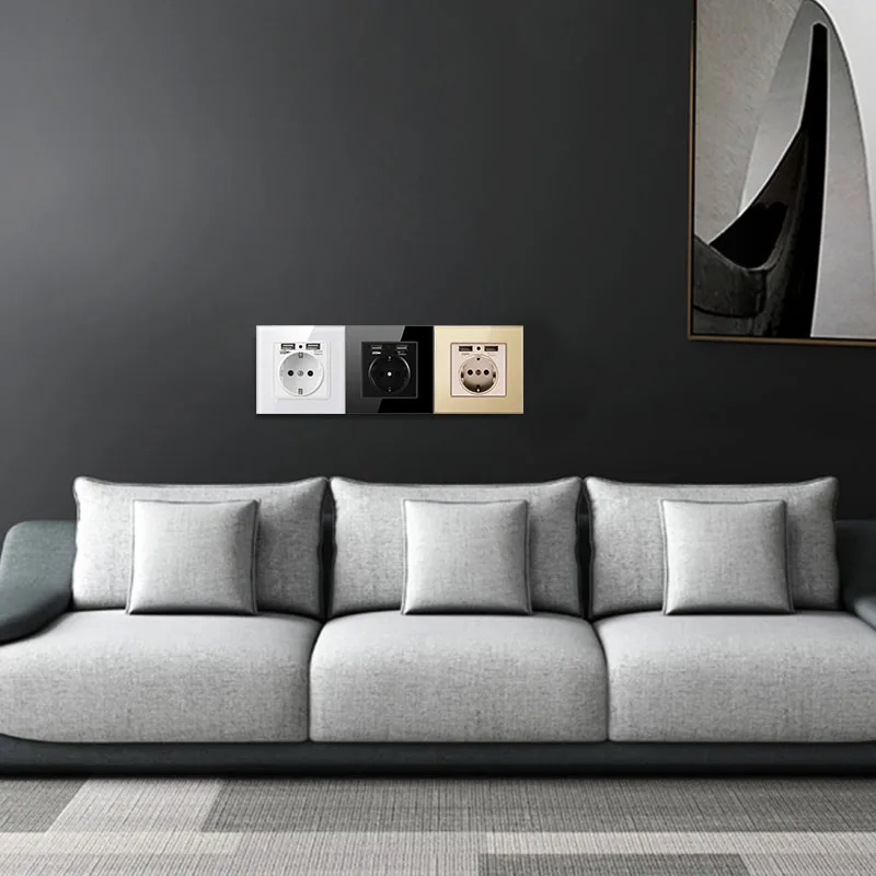 EU Standard 16 amp Glass Panel Homes Outlet Electric Cover Electrical Plate Power Plug USB German Outlet Wall Sockets