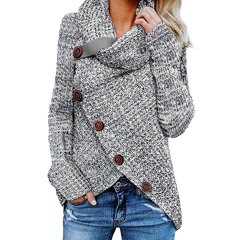 Custom Oem Winter Ladies Gray Buttoned Wrap Turtleneck Women