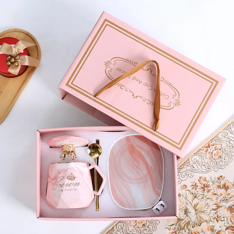 Wholesale 55 Degree Thermostatic Cup Gift Box Coffee Cup Set USB Automatic Heating Marble Mug with Gift Box