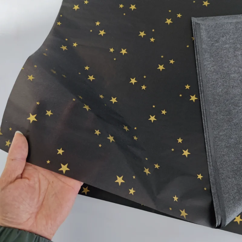 17gsm Black Tissue Paper with Gold Logo 50*70cm Wax Coated Virgin Wood Pulp Moisture-Proof for Gift Clothes Packing Wrapping