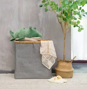 Waterproof Durable Corner Foldable Pop Up Bamboo Rim Circular Laundry Hamper Baskets & Bags With Lid Baby Nursery Storage Basket