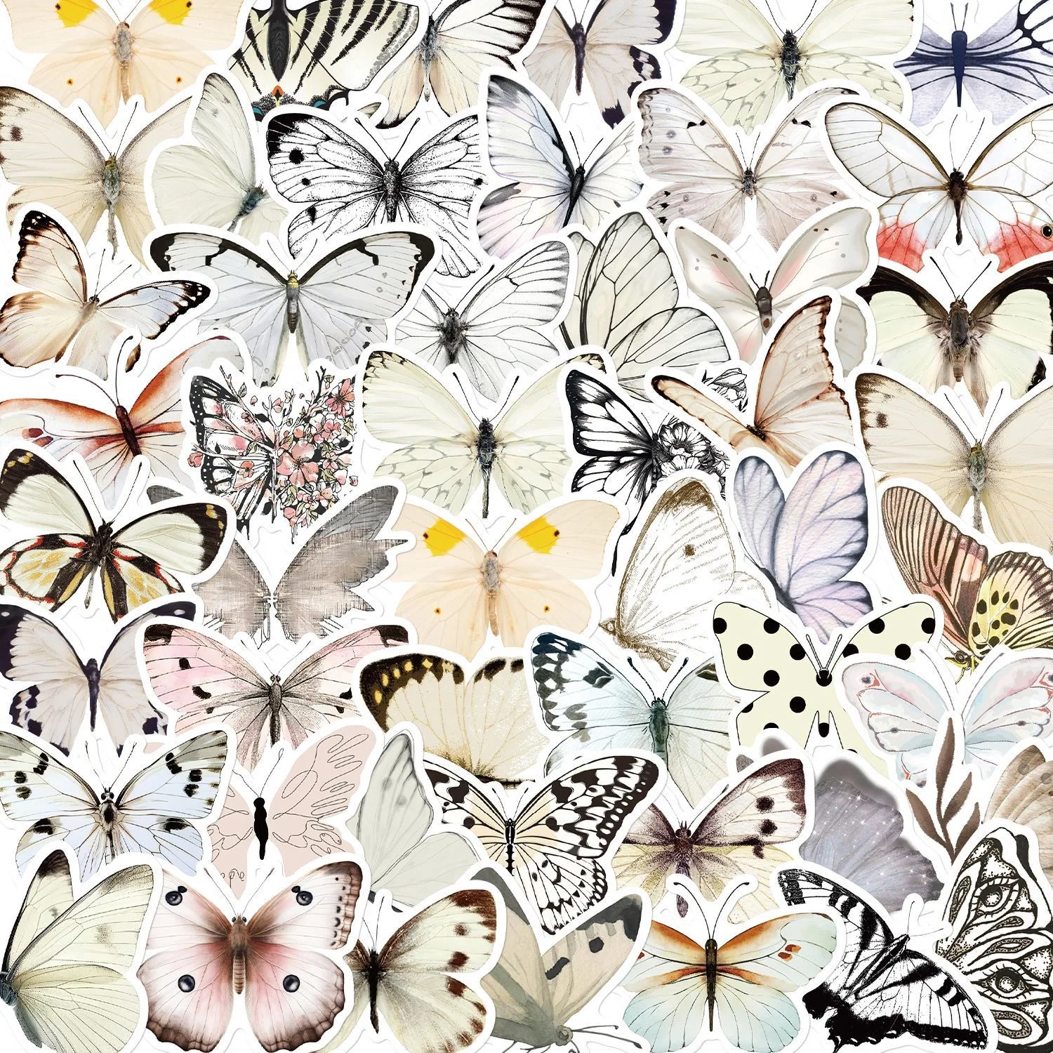 50pcs die cut vinyl cute  white butterfly decorative sticker pack for kids laptop phone notebook luggage bike
