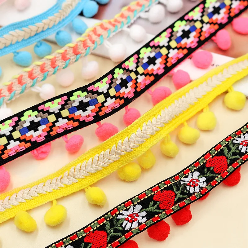 Wholesale Ethnic Style Venice Border Trim Ribbon Jacquard Pom Pom Ball Pompom Tassel Fringe Trim