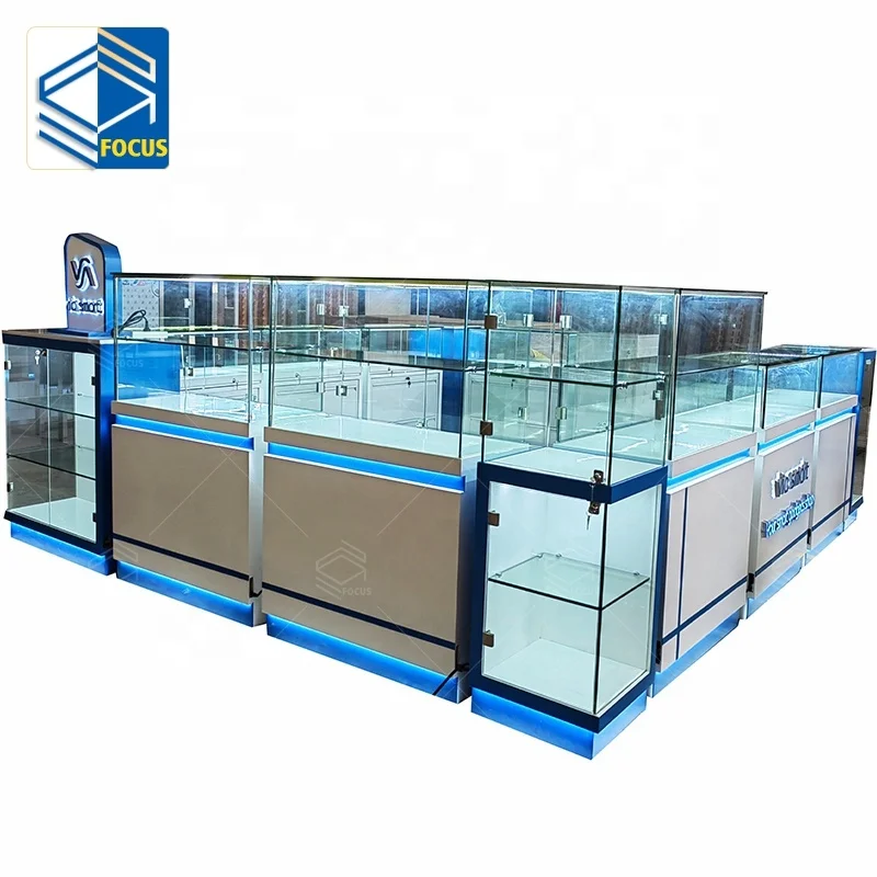 Cellphone Store Display Case Arrangement Free Standing Tempered Glass Wooden Display Cabinet Mobile Phone Shop Product Showcase