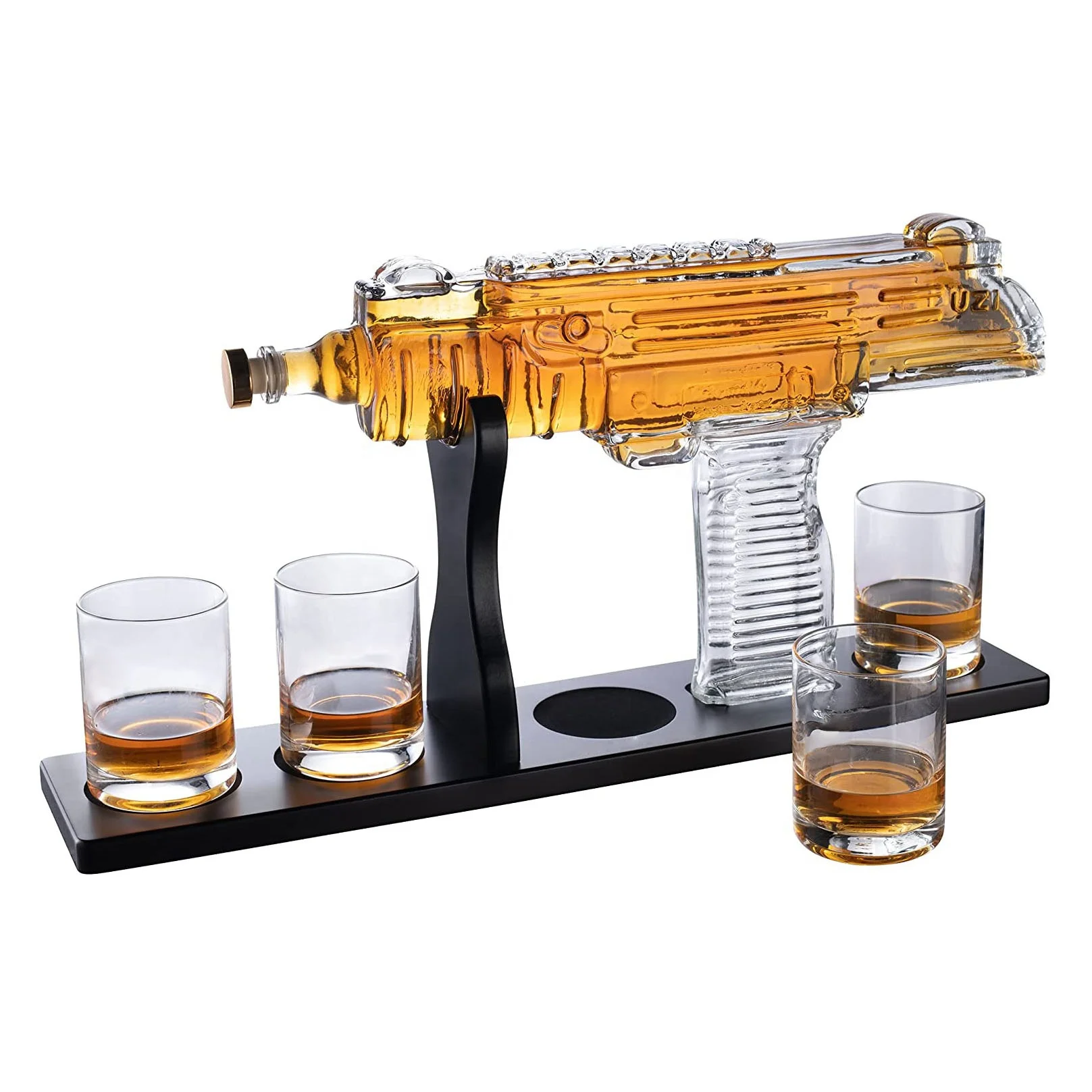 Top Seller Christmas Gifts Hot Sale New Arrival Ideas Glass UZI Gun Whiskey Decanter and 4 Liquor Glasses