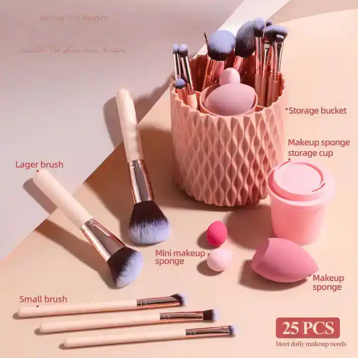 Factory Premium Synthetic Pink Kabuki Wood Makeup Brush Sets with holder & kits 18 Pcs and 5 Sponge & Holder Sponge Case