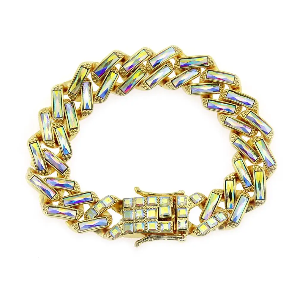 Fashion high quality mens hip hop ICed out Baguette CZ link gold custom bracelet