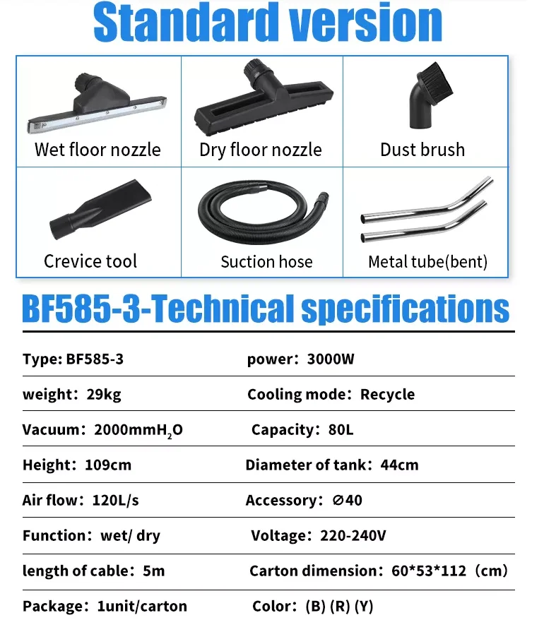Wetdry Vacuum Cleaner With 3000W  80L Capacity For Hotestrial Ul Car Washer Restaurant Cyclone Vacuum Cleaner For Induse