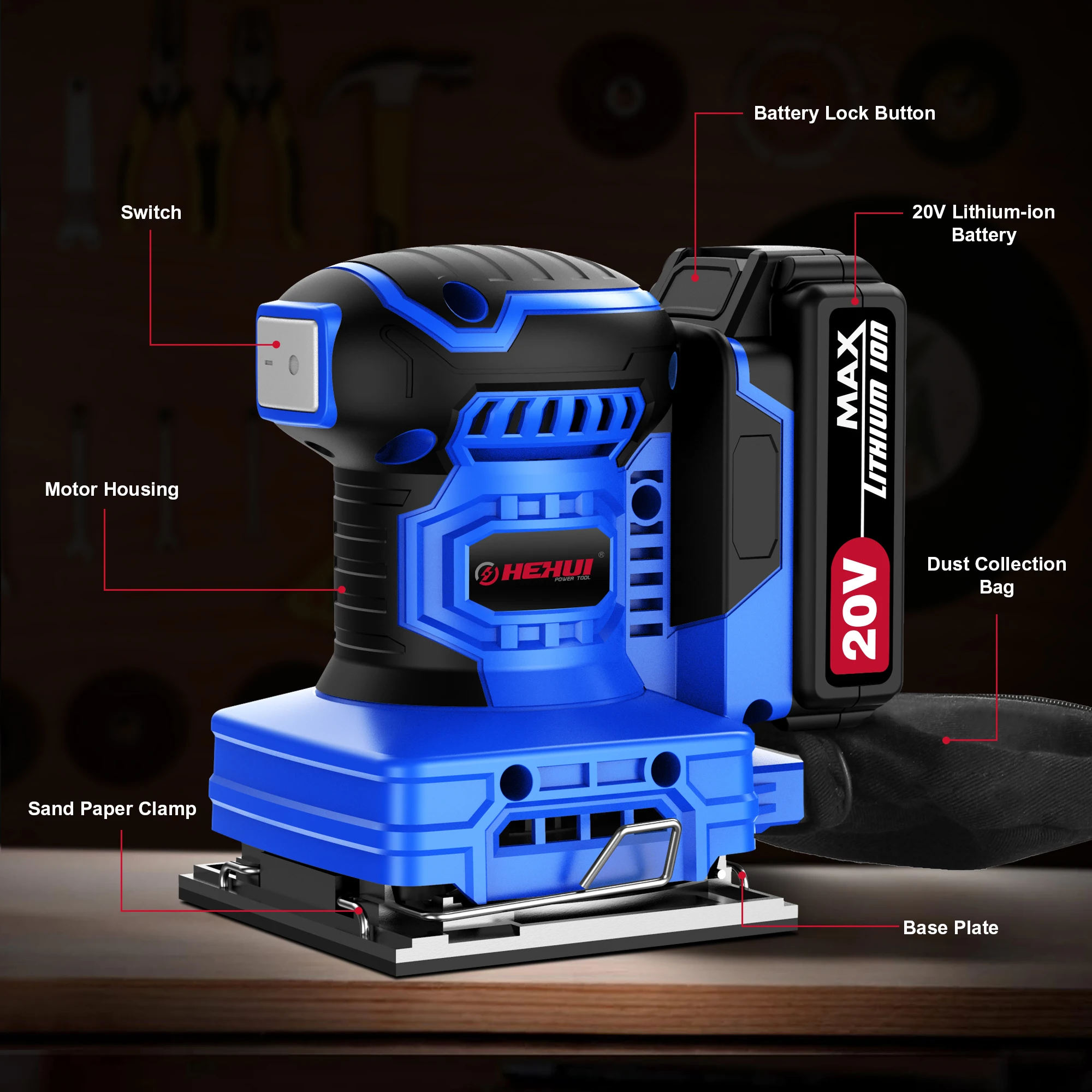 Hehui 20V Li-Ion Durable Mini Hand Grinder Sander Orbital Palm Cordless Mouse Sander Orbit Sander