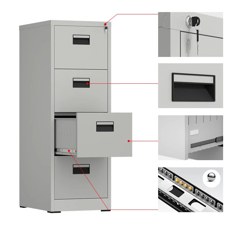 Office Drawer Cabinet Metal Vertical Filing Cabinet Steel Drawers 4 Drawer Storage Cabinet with central locking