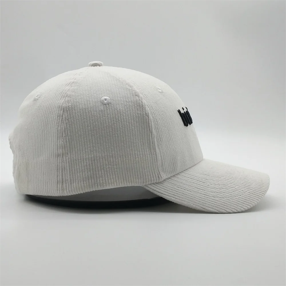 Custom 3D Embroidery Logo Plastic Strapback 6 Panel White Thick Corduroy Dad Baseball Hats Cap
