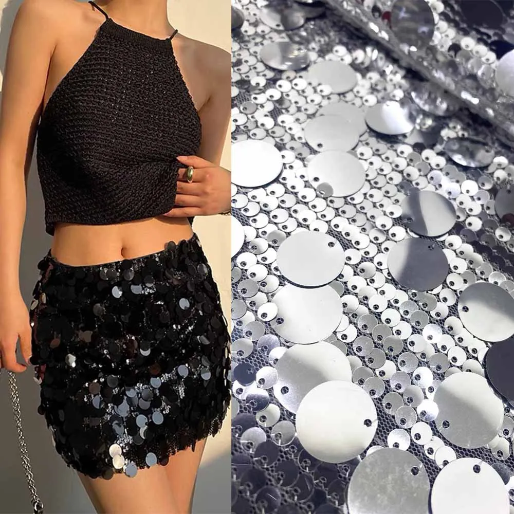 LH Multicolor Wholesale Tulle Mesh Big Sequin Fabric Bridal Party Stage Lace Sequin Embroidery Fabric For Women Wedding Dress