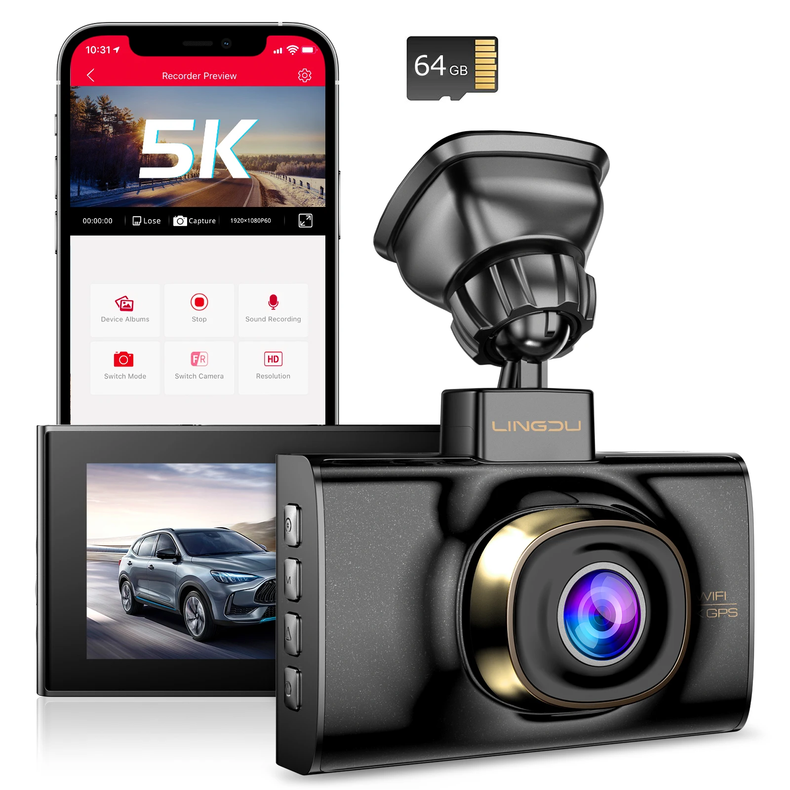LINGDU New Series LD02 5K Dash Cam 3' IPS Screen Build-in 5G WIFI & GPS Voice Control