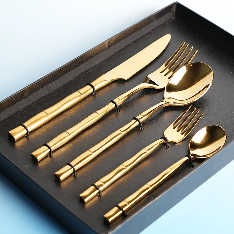 Hot Sell Stainless Steel Gold Plated Knife Fork Spoon Bamboo Design Mirror Finished Handle 5pcs  Luxury Spoon Fork And Knife Set