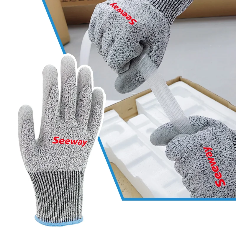 Seeway Level 5 CE EN388 13-Gauge HPPE Glass Fiber Liner PU-Coated Anti-Cut Safety Work Gloves