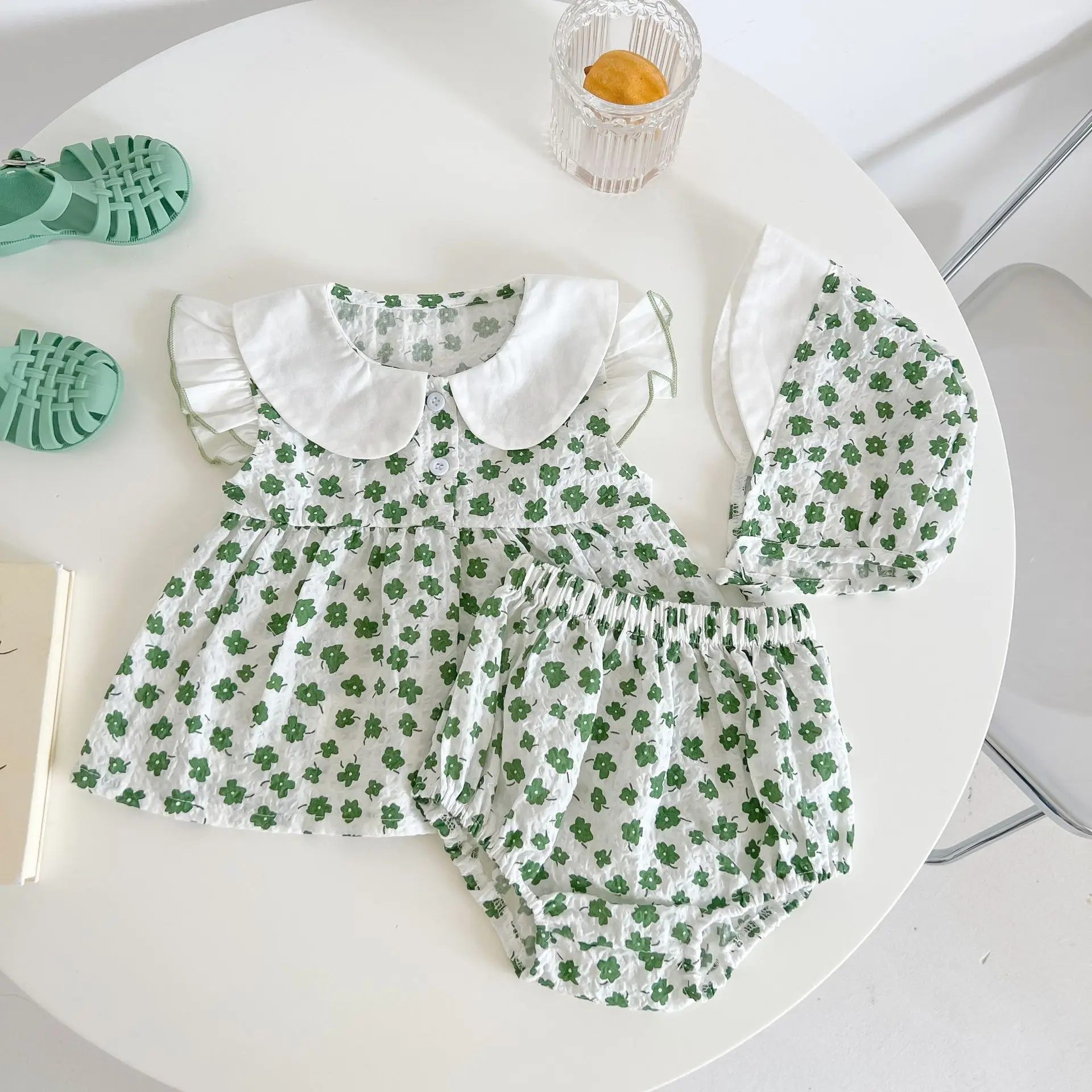 3 Pcs Baby Clothes Set with Bonnet Seersucker Baby Dress Floral 100% Cotton Peter Pan Top & Shorts Set Boutique Baby Clothes Set