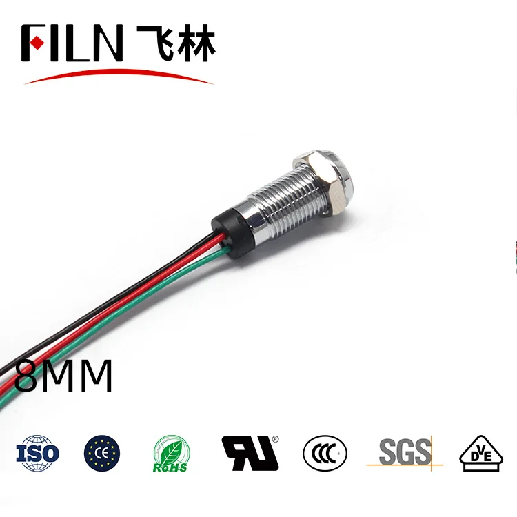 Pilot light dual color Flat head Red and green two color indicator light 8mm 20cm wires metal signal indicator lights