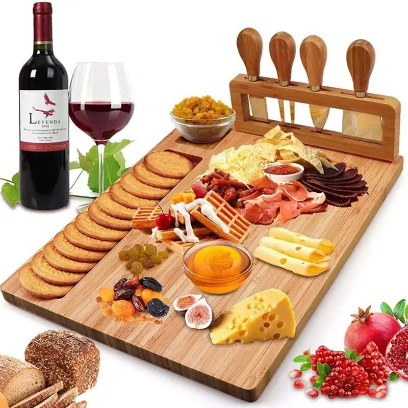 Natural bamboo cheese board cutting board adjustable cutlery tray set with slide-out drawer