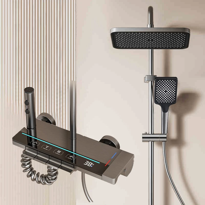 Wenzhou Factory Gunmetal Gray Full Copper Hot and Cold Faucets Rain Bathroom Sets Luxury Washroom Shower Set With Head Shower
