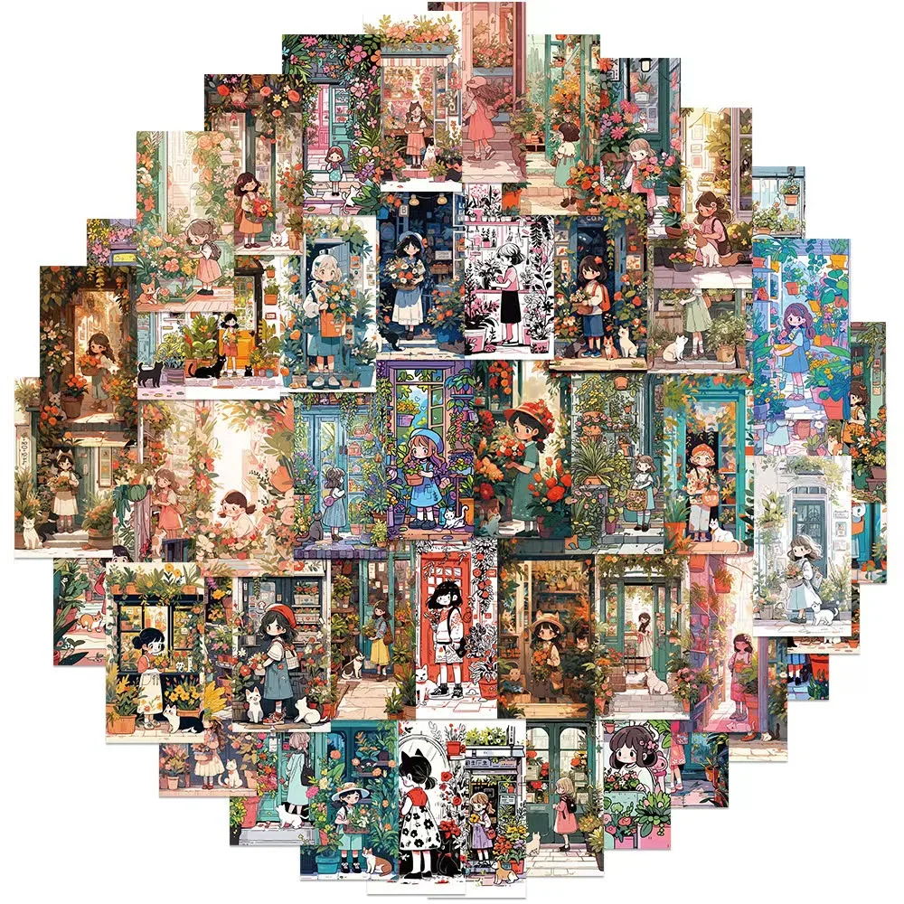 50pcs ins the little girl and cat in the flower shop cartoon sticker for kid cup car computer mobile phone bottle bike guitar