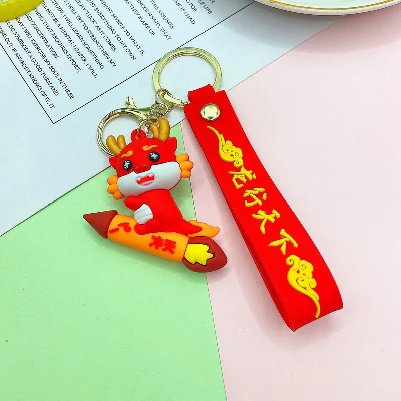 Cute Red Cartoon Dragon Key Chains Resin Women Kids Happy New Year Silicone Key Ring Bag Phone Hanging Accessories Festival Gift
